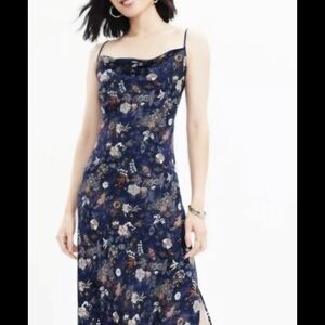 LOFT Navy Floral Slip Midi Dress with Spaghetti Straps and Lace Trim